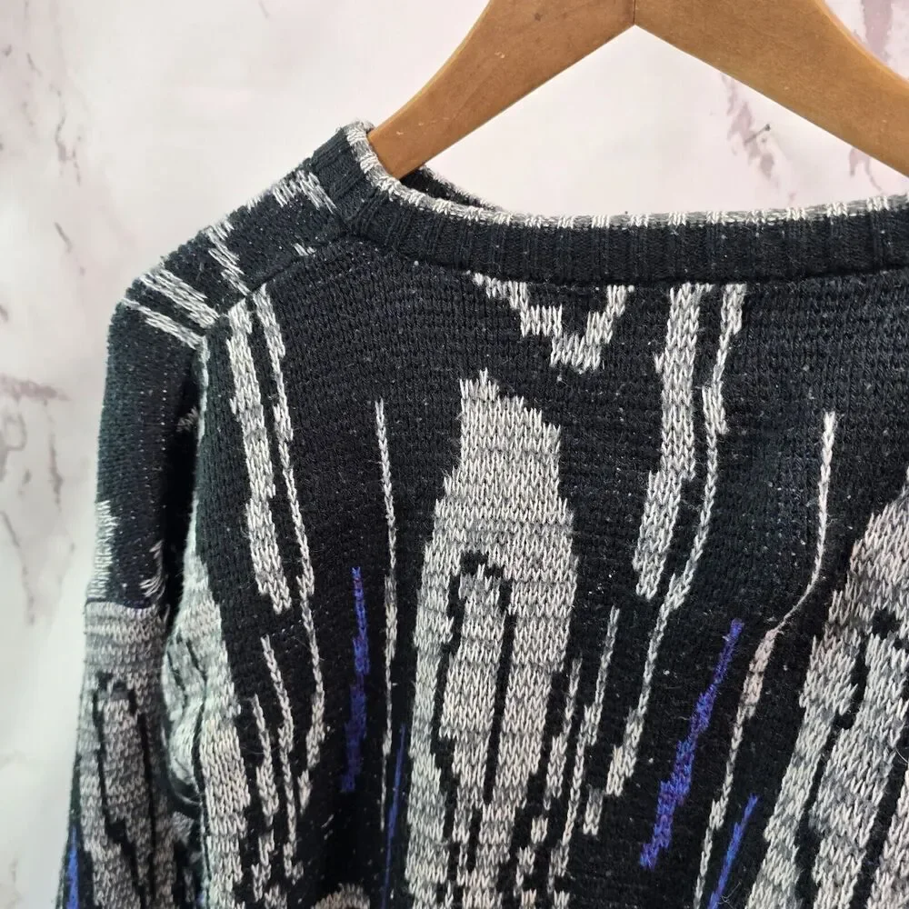 Vintage Sweater Mens XL Black Gray Blue Acrylic 80s 90s Raglan Ikat Abstract